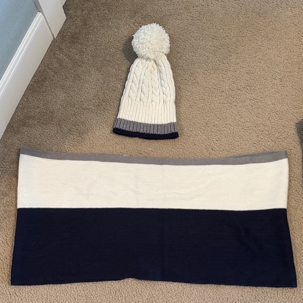 Calvin Klein Cream and Navy Knit Beanie with Scarf